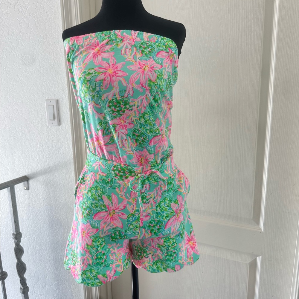 Lilly Pulitzer Jace Strapless Romper - Surf Blue So Shellegant - Size XS